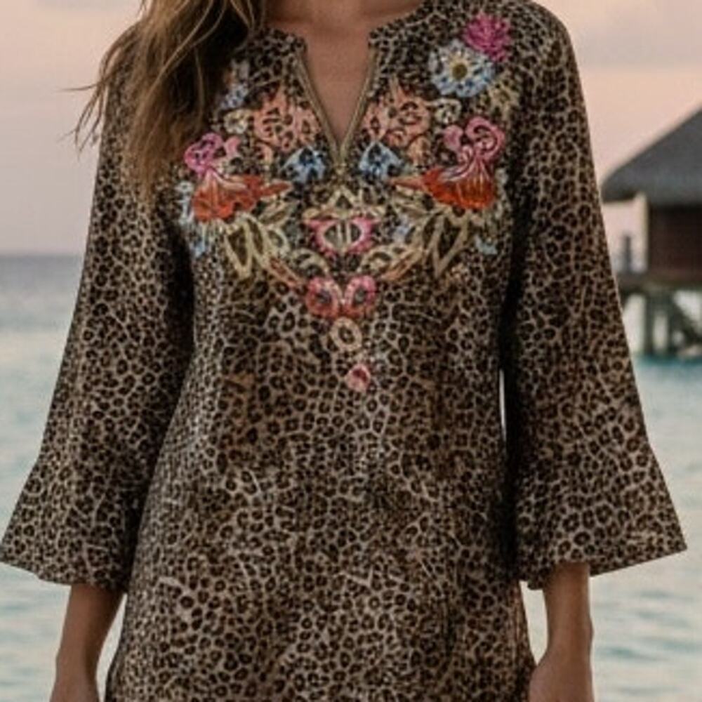Chico's Brown Floral Embroidered Split V Long Sleeve Top 1